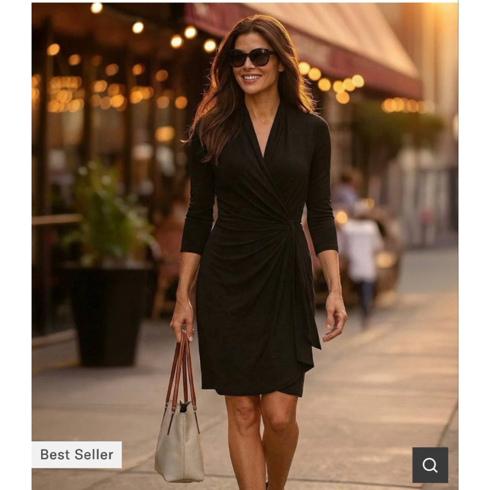 Women's Karen Kane Black Long Sleeve Faux Wrap Dress SP